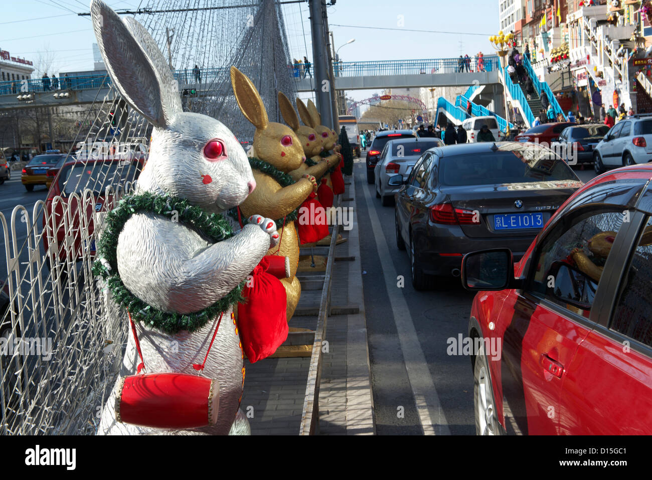 Status of Tuye or The Moon Rabbit are decorated alongside a street near ...