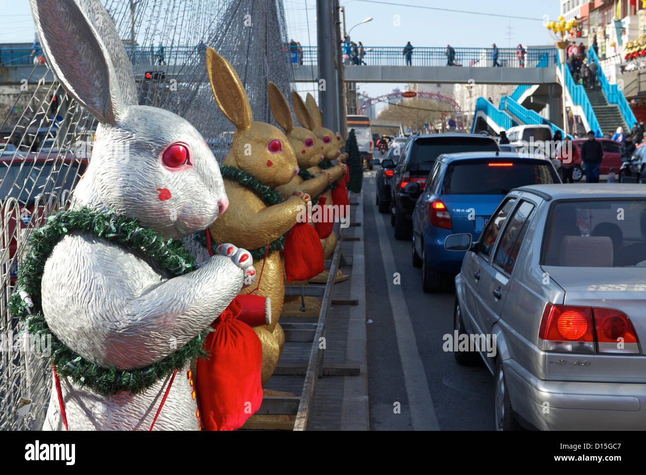 Status of Tuye or The Moon Rabbit are decorated alongside a street near ...