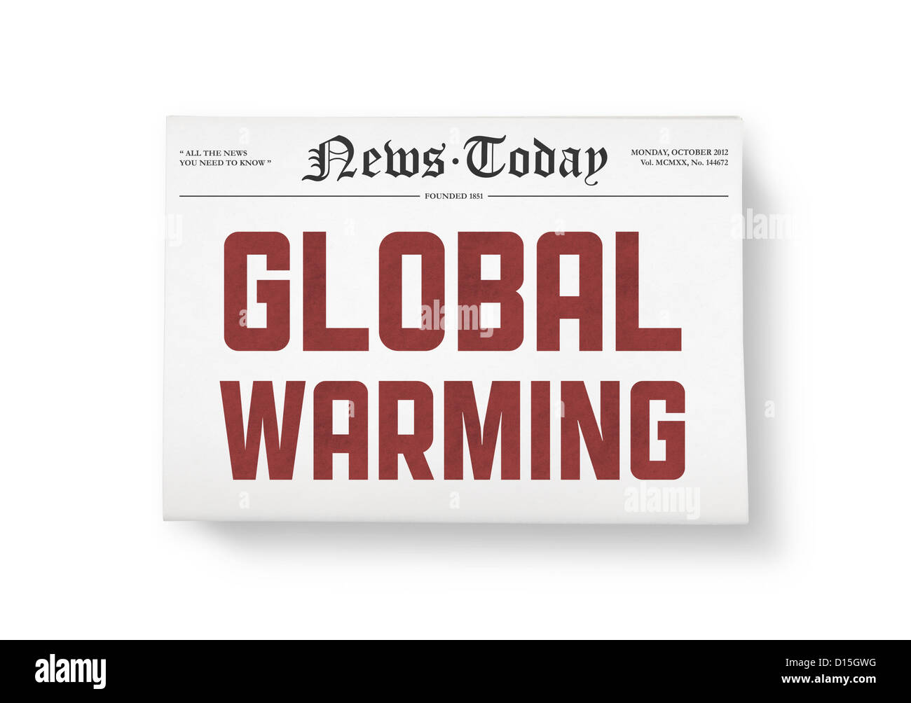 A newspapers with headline 'Global Warning'. Top view shot. Isolated on white. Stock Photo