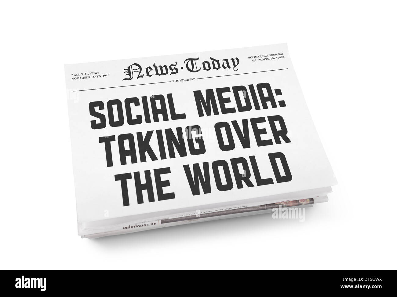 A stack of newspapers with headline "Social media Taking over the