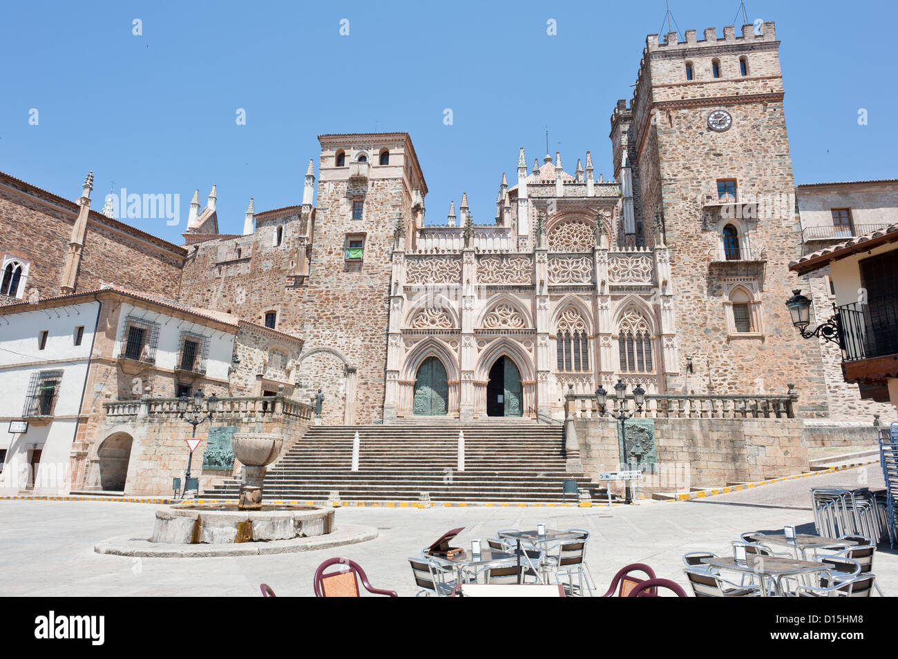 Guadalupe, Spain: Royal Monastery of Santa Maria de Guadalupe located in the Plaza Mayor of Guadalupe, Caceres Province. Stock Photo