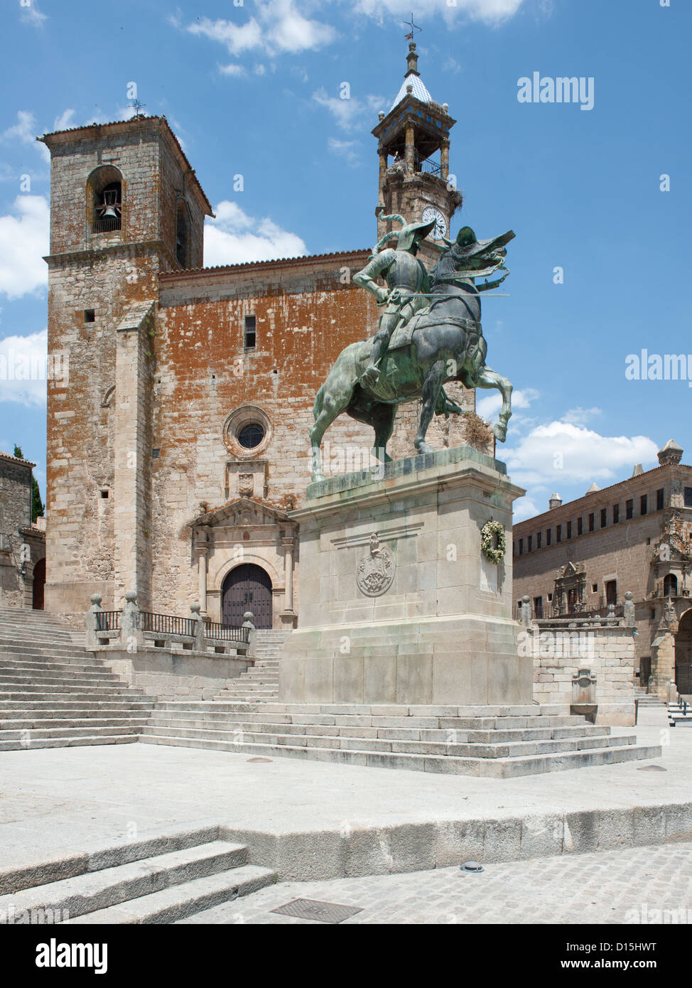Trujillo - Spain: Plaza Mayor or Main Square. Church of San Martin and statue of Pizarro, Spanish conqueror. Stock Photo