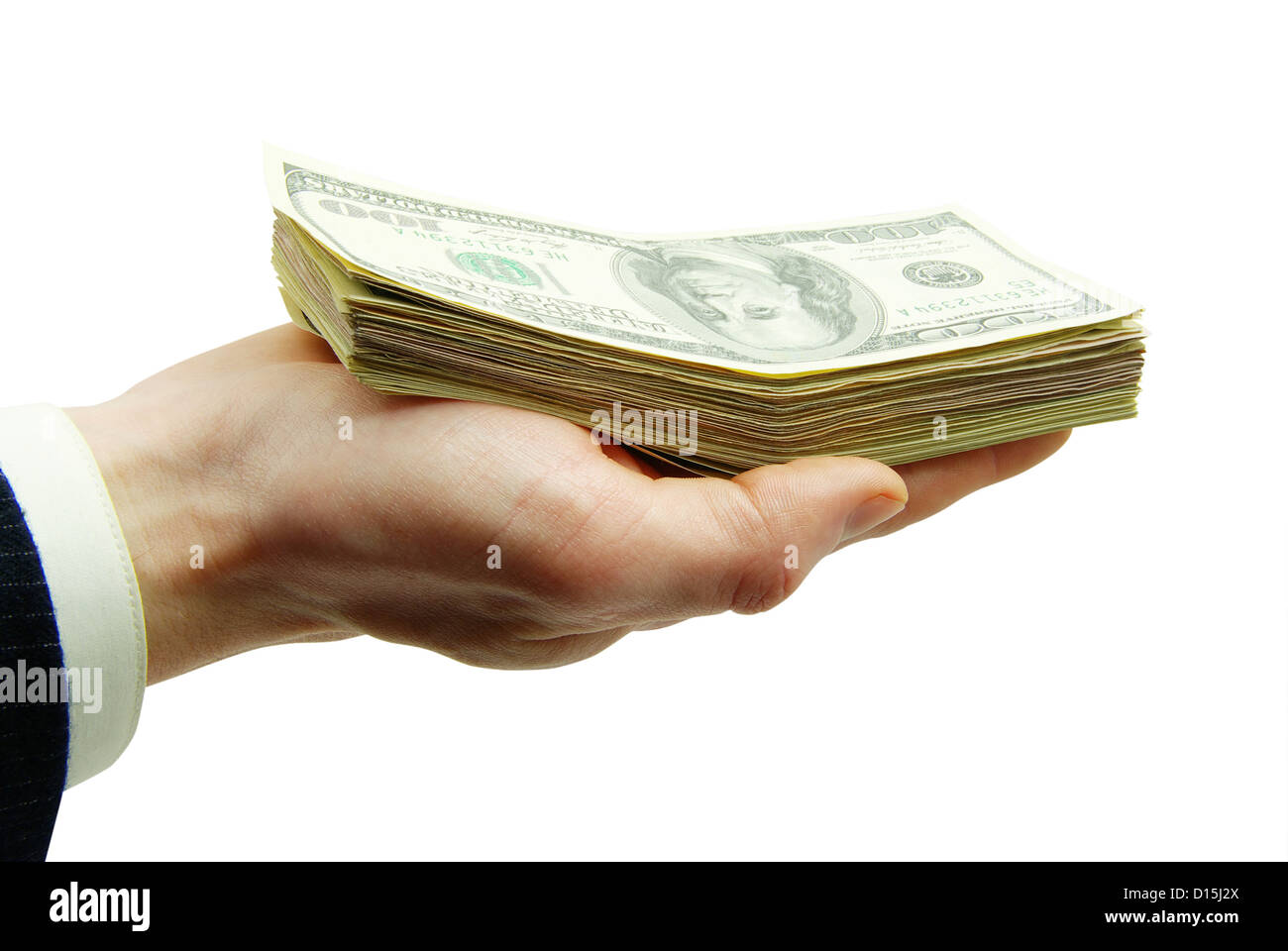 Hand hold stack bills on white background Stock Photo - Alamy