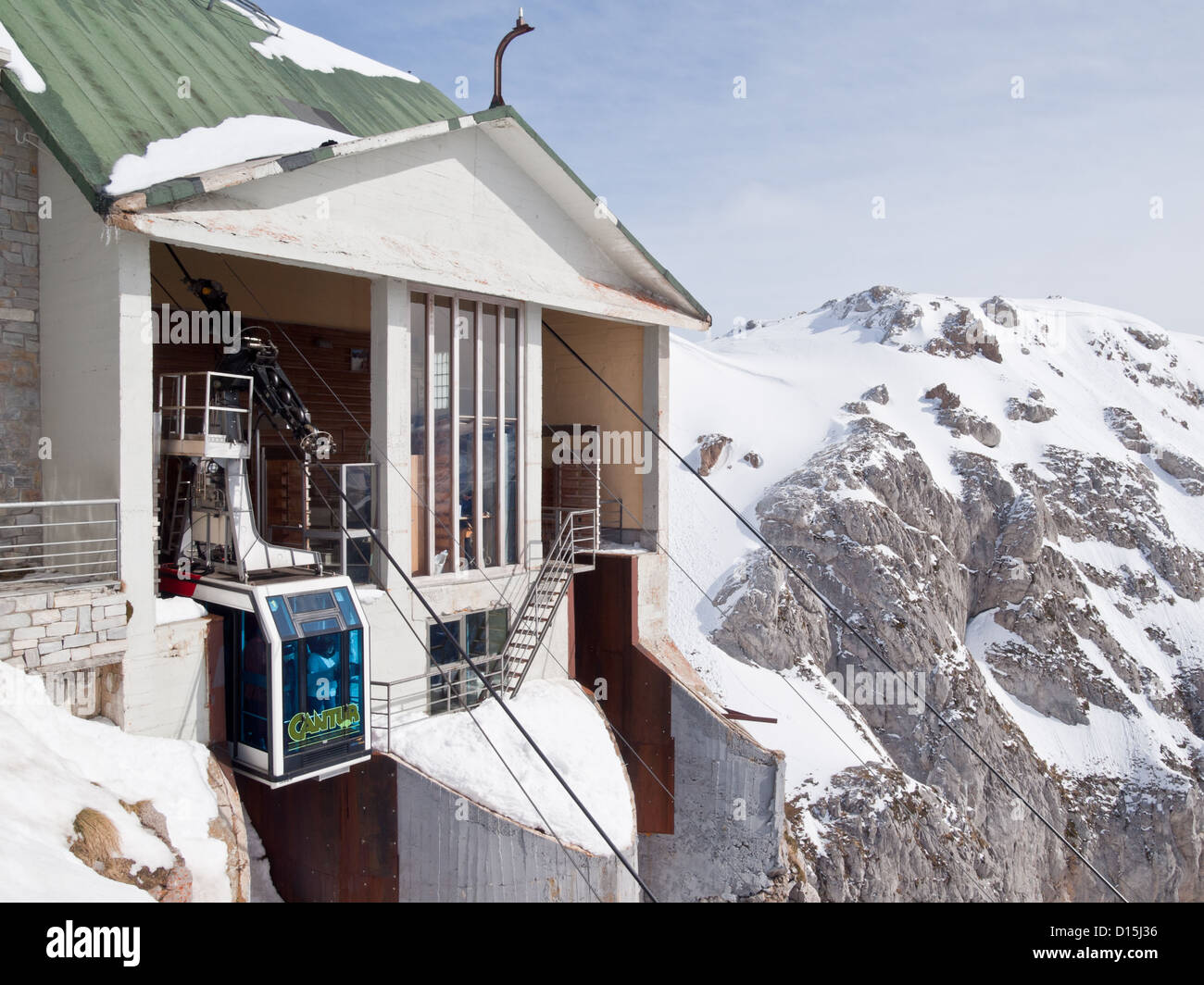 Cableway of Fuente De takes you 750 meters up in the Picos de Europa National Park. El Cable station in the image Stock Photo