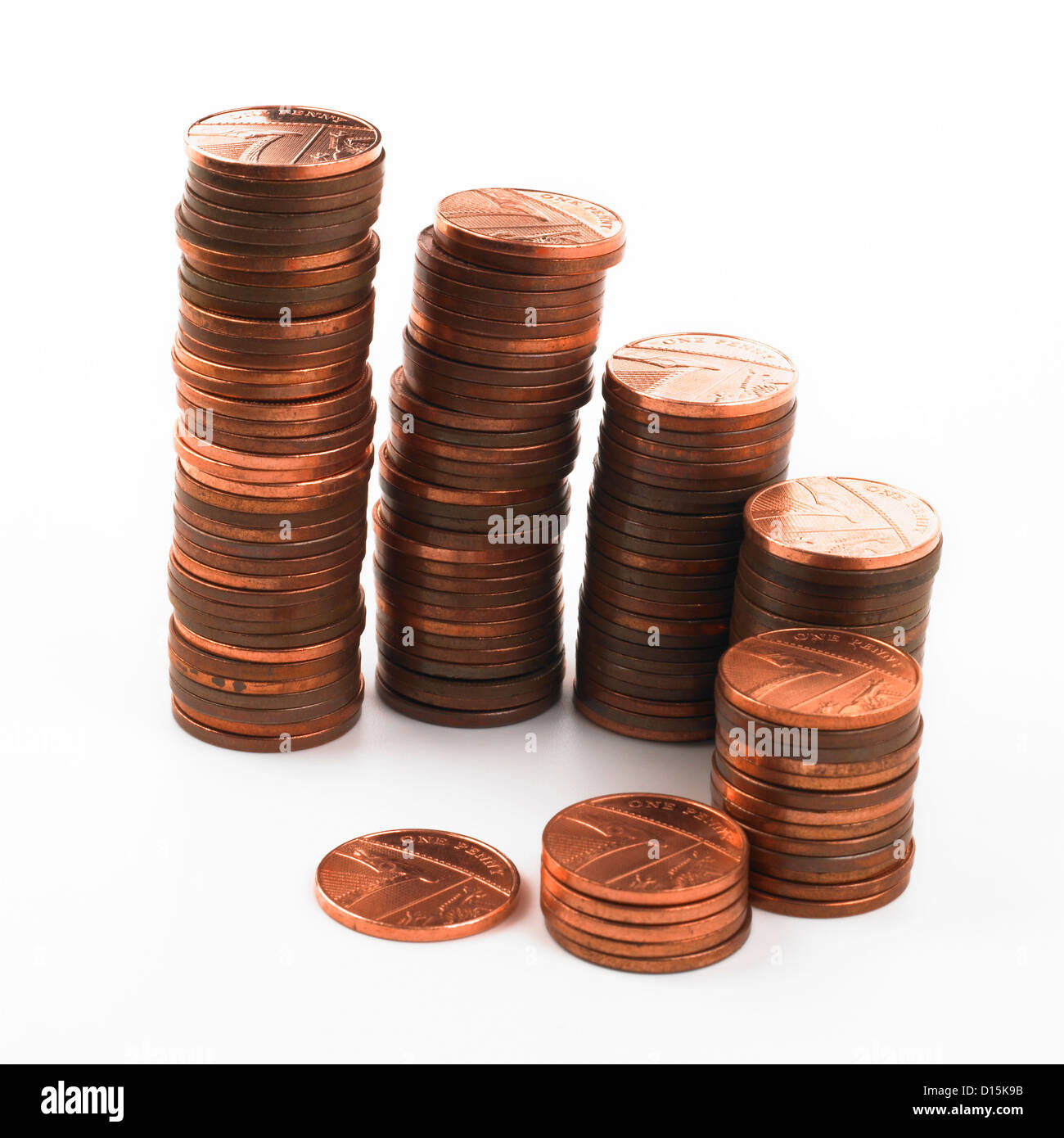 Spiral stack of one penny coins increasing Stock Photo