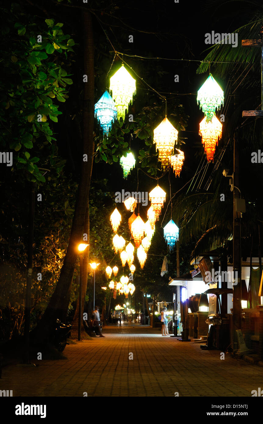 colorful colourful street lights lighting lanterns pedestrian street ao nang krabi thailand night nighttime Stock Photo