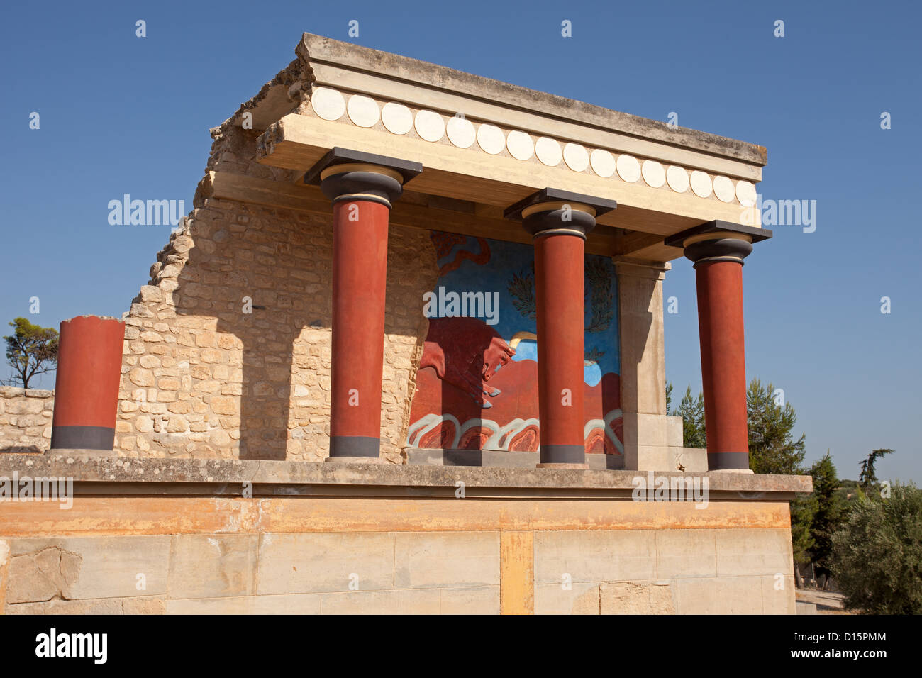 Knossos Palace: North Entrance with Charging Bull Fresco Stock Photo