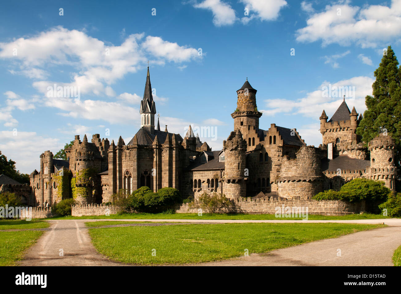 Fairy medieval castle Loewenburg, also known as lion's castle in Kassel along the fairy tale scenic route in Germany. Stock Photo