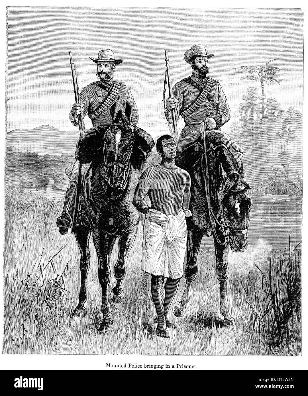 Victorian engraving of a colonial mounted police bring in a prisoner , 1897 Stock Photo