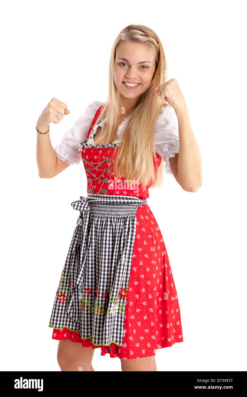 Woman in traditional costume cheers. Stock Photo
