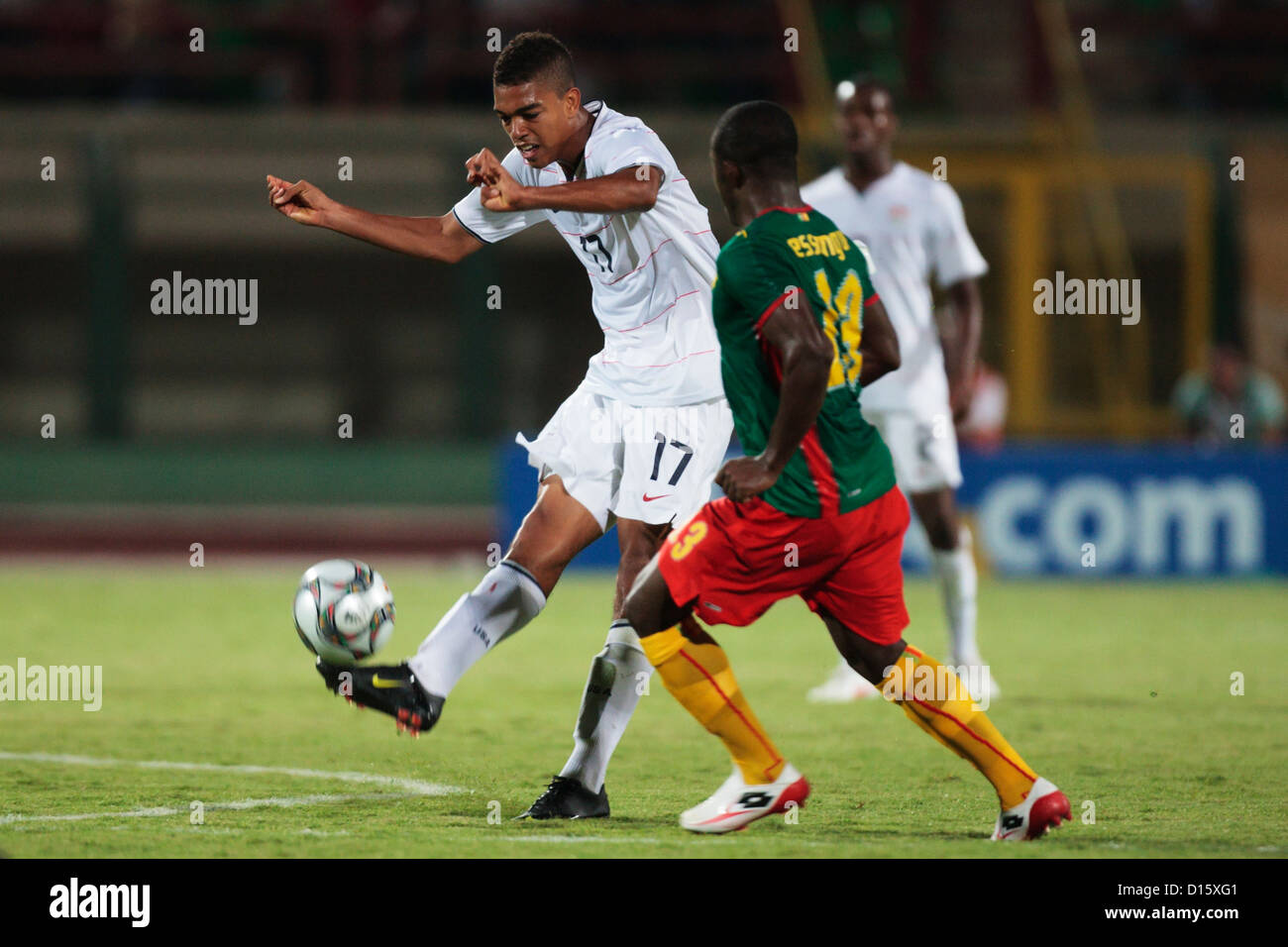 Bryan Arguez of the United States (17) kicks the ball during the 2009 FIFA U-20 World Cup Group C match against Cameroon. Stock Photo
