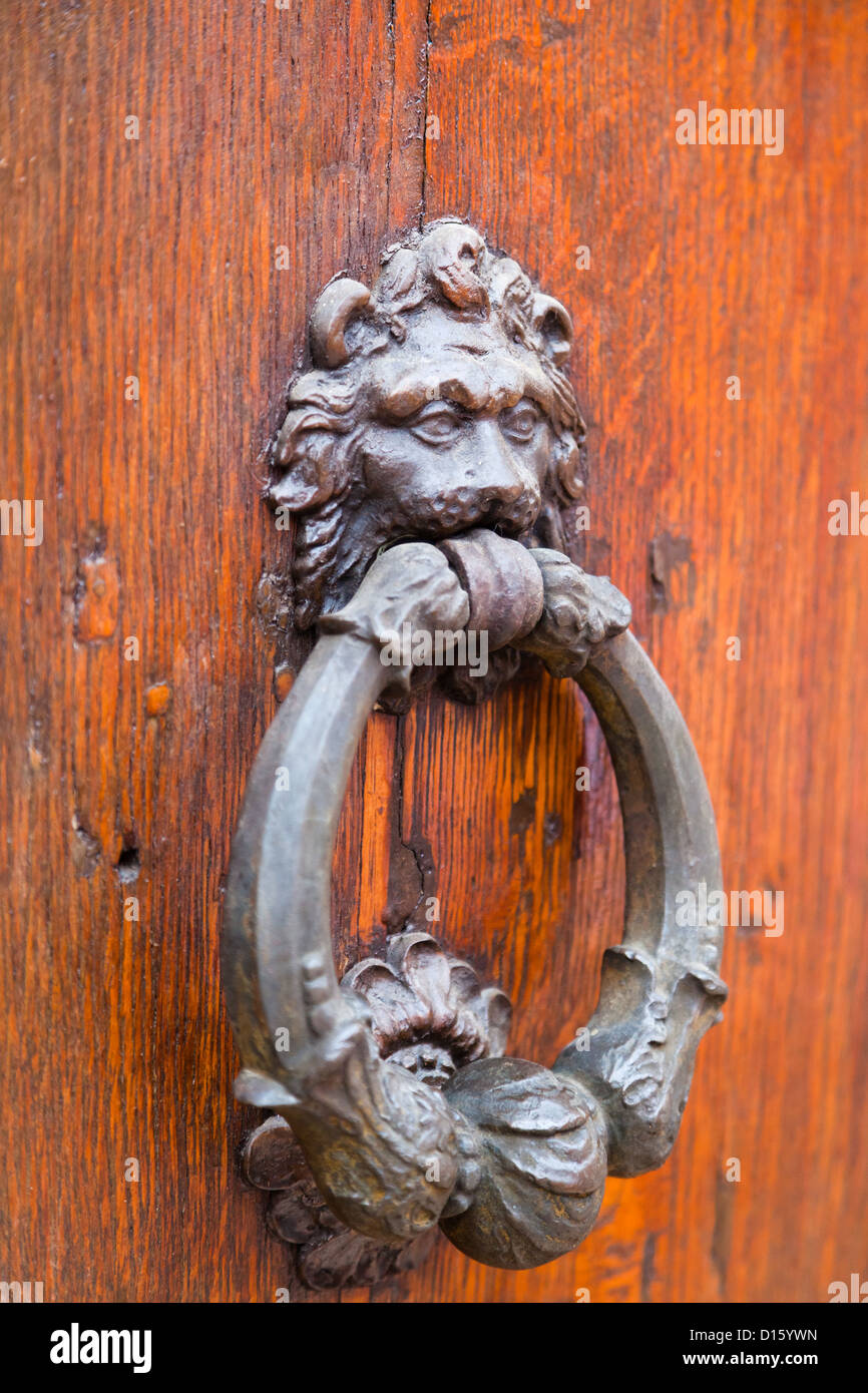 lion head shaped old bronze door handle in urban door Stock Photo Alamy