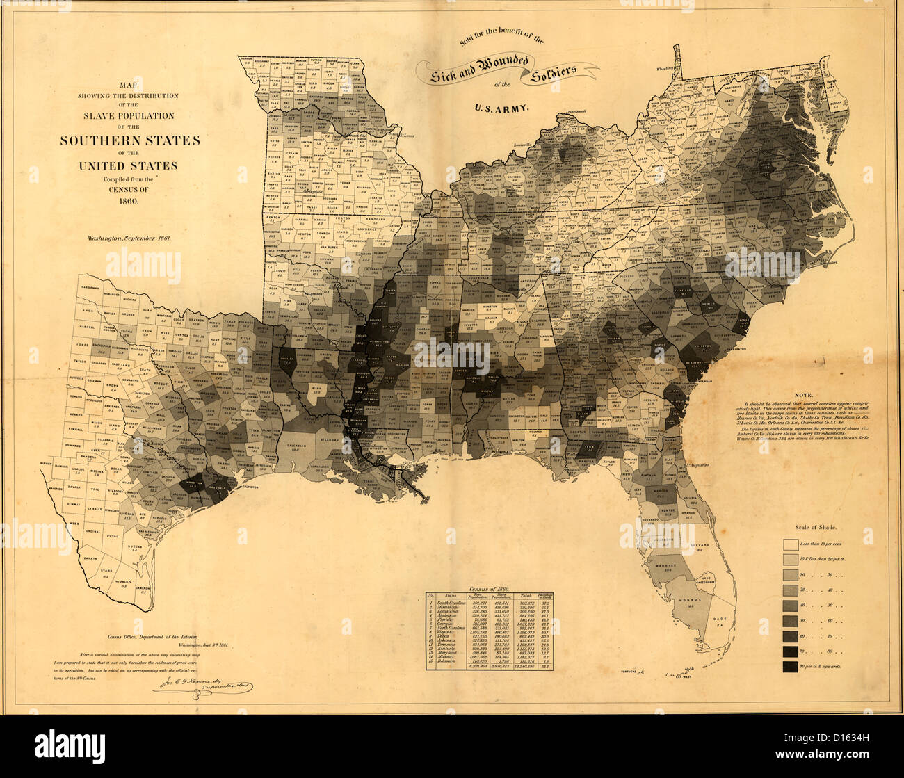 Distribution of Slavery in the Southern States, as per 1860 USA Census Stock Photo