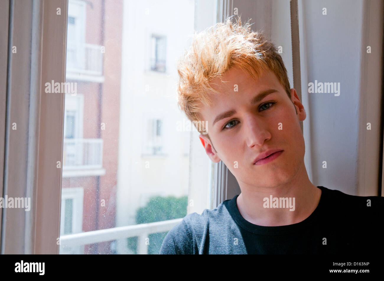 Portrait of young man by a window, looking at the camera. Stock Photo