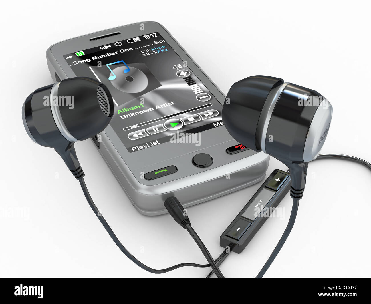 Mobile phone with headphones on white background. 3d Stock Photo Alamy