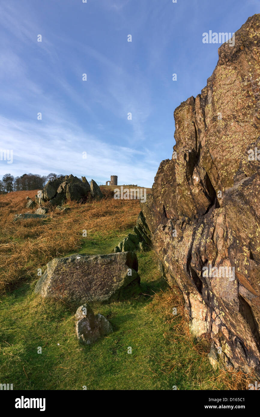 Ancient precambrian rocks and 'Old John' Folly in Bradgate Park, Leicestershire,England, UK Stock Photo