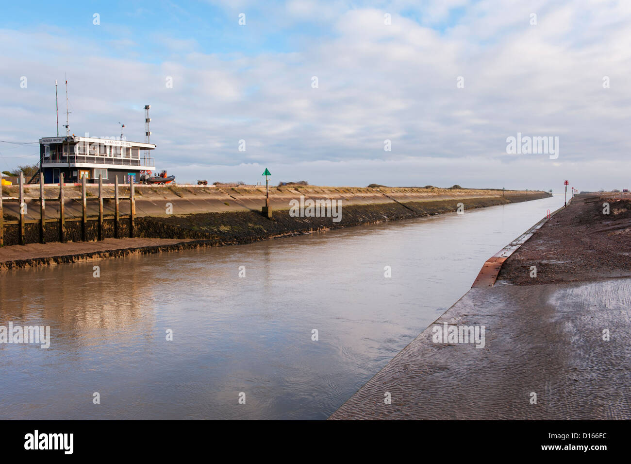 The River Rother Tidal Walls sea flood defences, Rye Harbour, Sussex. Stock Photo