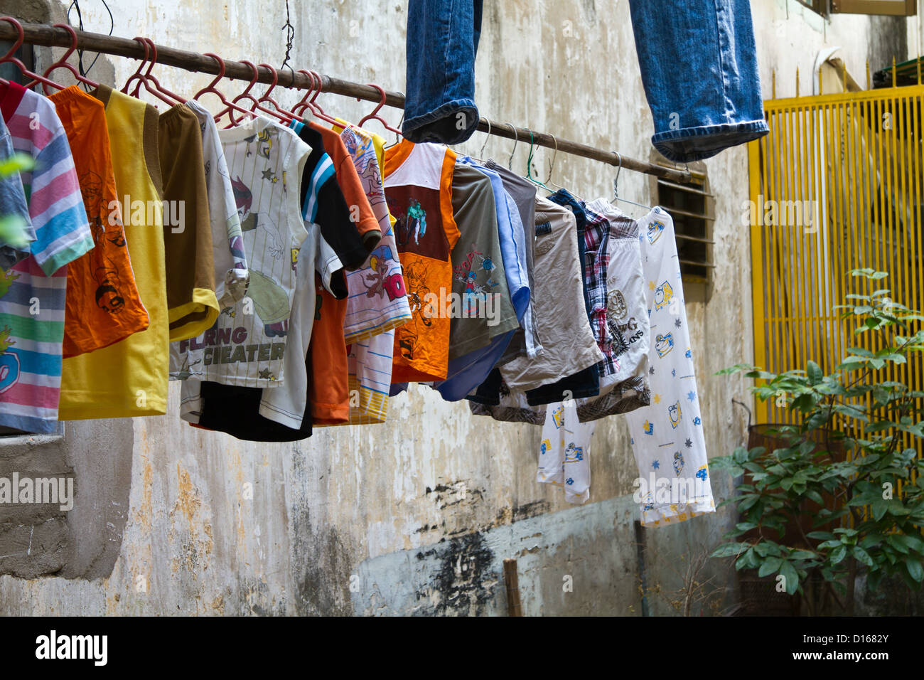 Laundry hung out to dry on an exterior Facade in Ho Chi Minh City