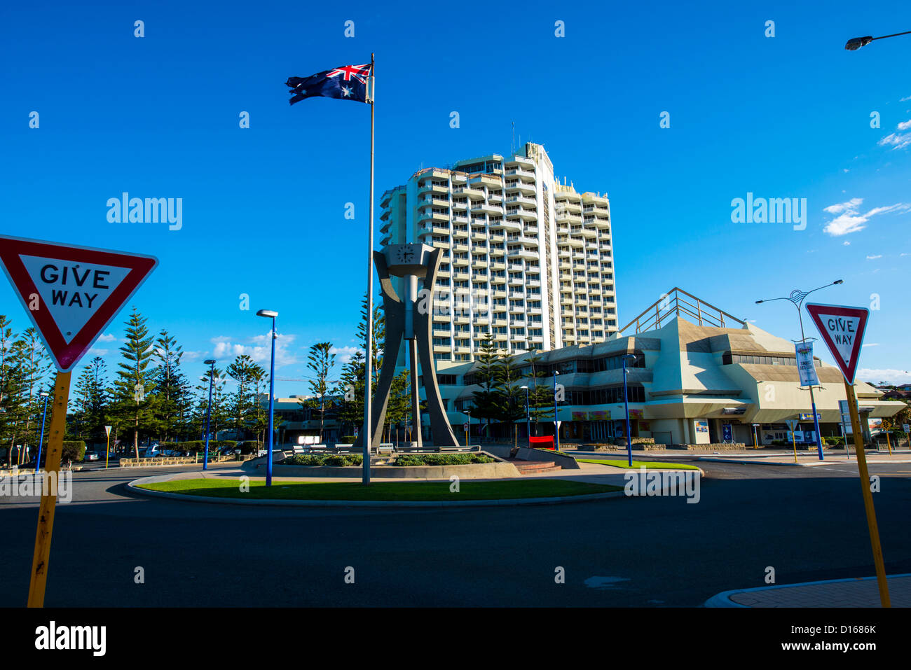 Hotel and Clock Tower at Scarborough Beach, Western Australia Stock Photo