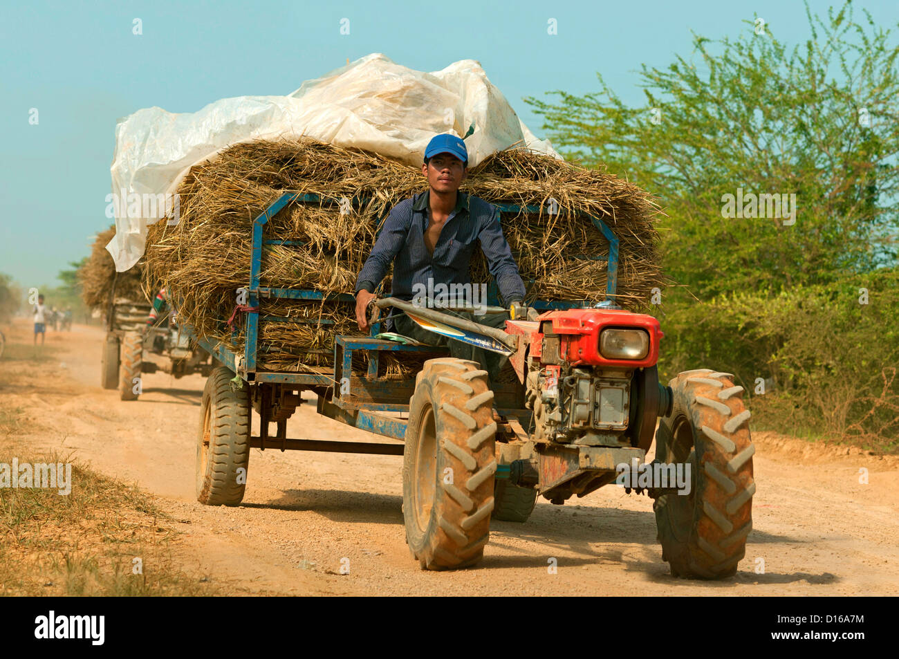Two-wheel tractor carrying loose rice straw on rural road in teh rice producing area of Battambang, Cambodia Stock Photo