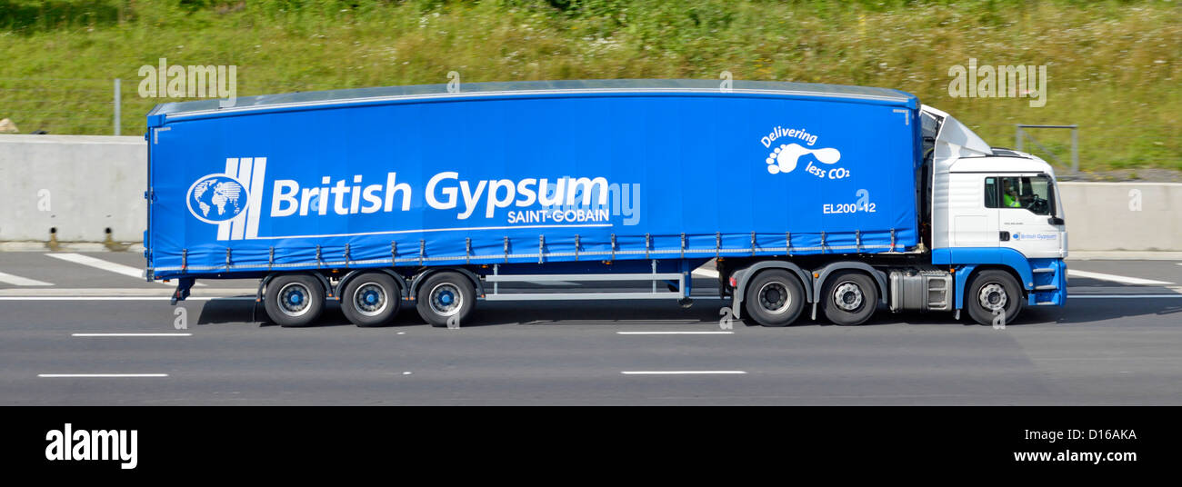 Side view British Gypsum SaintGobain plasterboard materials business company supply chain lorry