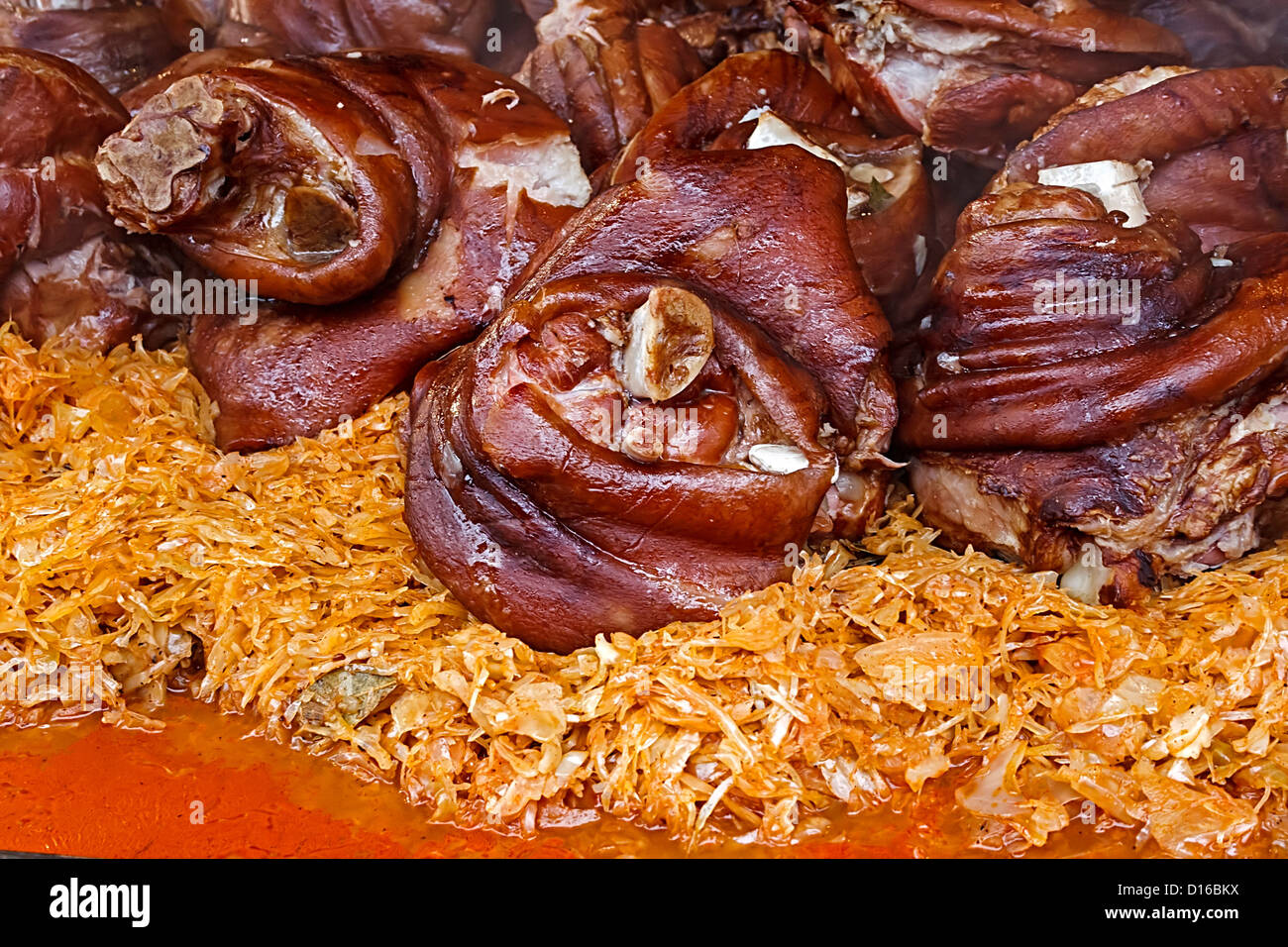 Pork knuckle placed on cabbage cooked traditional.Specific for Hungary and the northwest part of