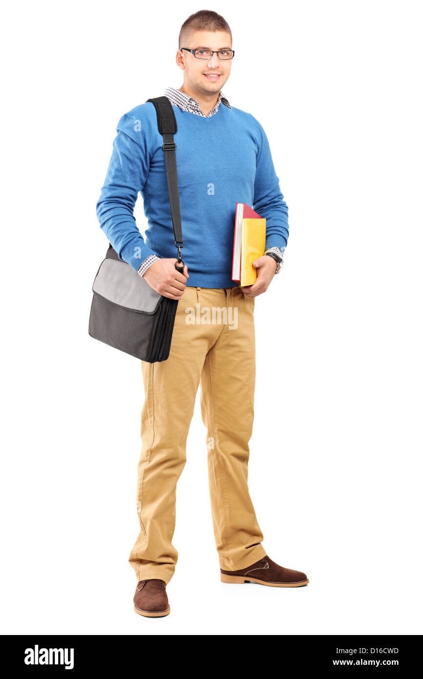 Full length portrait of a smiling male student with shoulder bag ...
