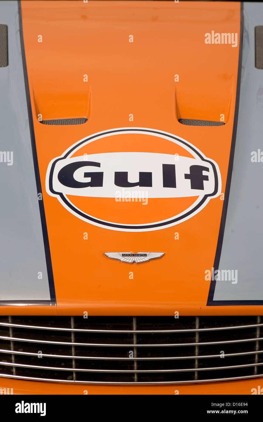 The front of a modern Aston Martin supercar in Gulf coloured livery. Stock Photo