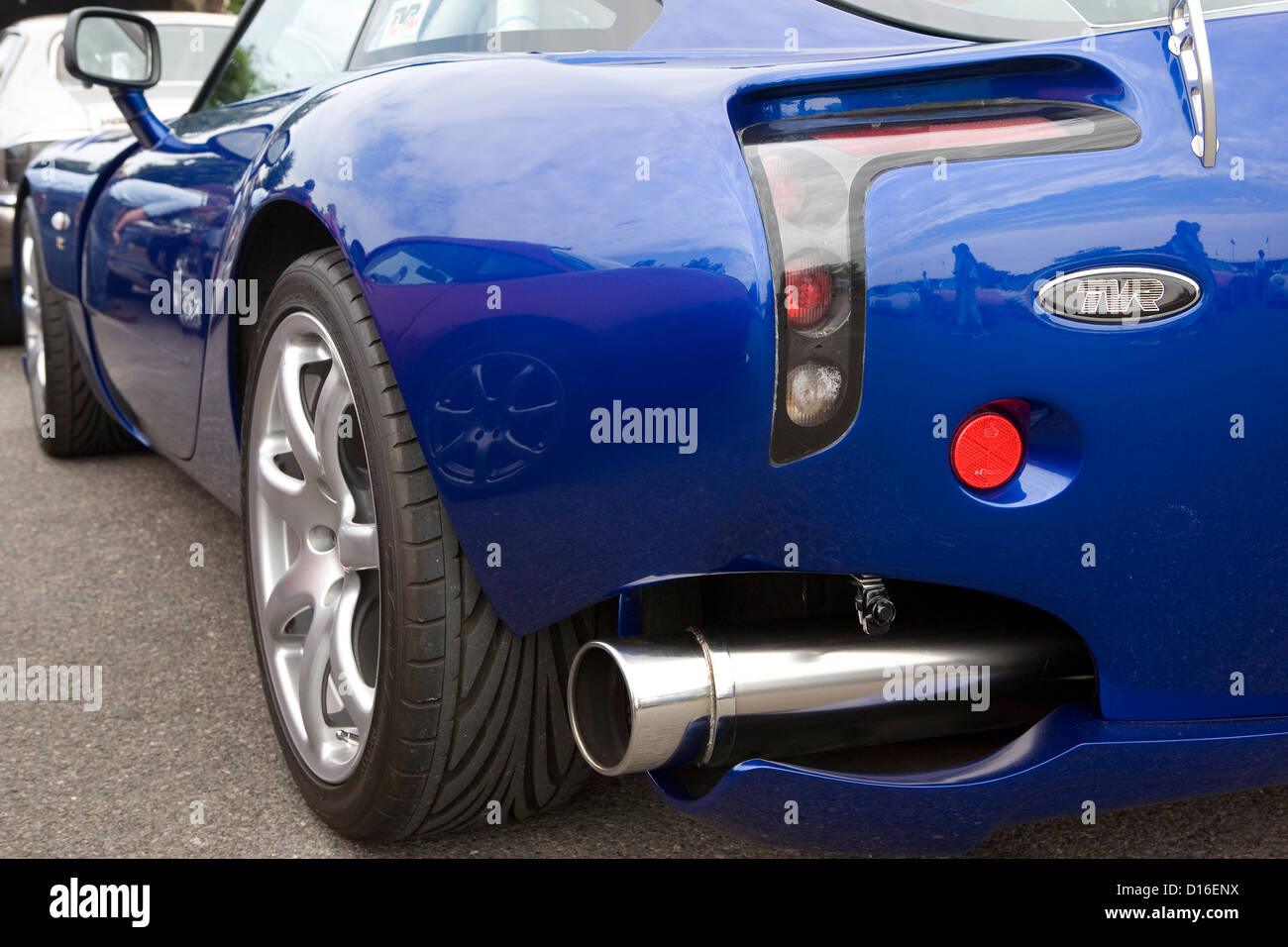 A sideways exhaust on the back of a TVR supercar. Stock Photo