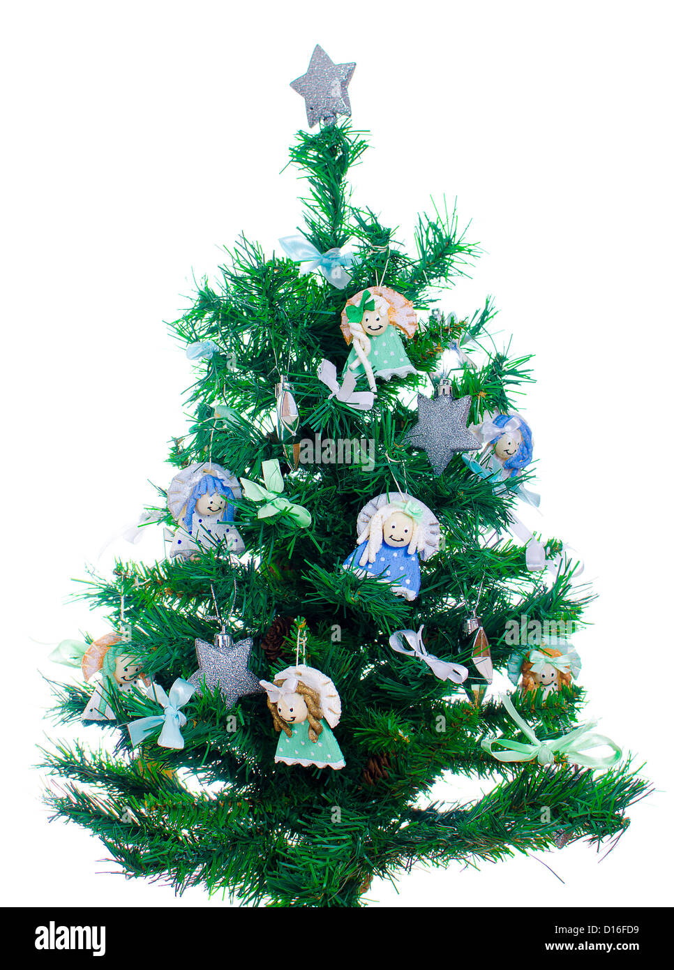 Little xmas tree with handmade decorations isolated on white Stock Photo