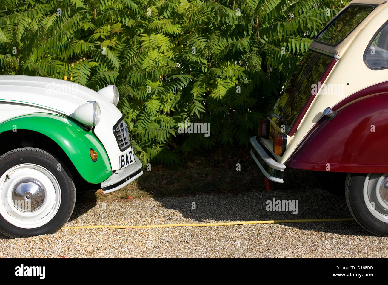 The front and rear of two pared Citroen 2CVs Stock Photo