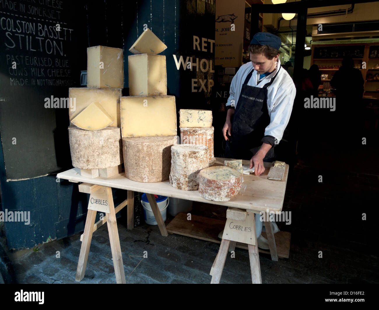 Neil's Yard Dairy Covent Garden cheese stall outside the Park Street shop near Borough Market London Bridge England UK    KATHY DEWITT Stock Photo