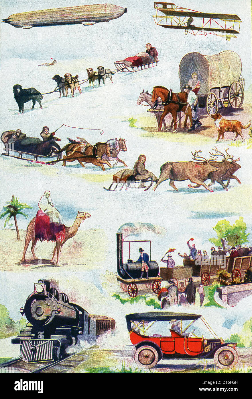 Dirigible balloon, aeroplane, Eskimo Dog Team, Prairie Schooner, Troika, Reindeer Sledge, Camel, First train England 1825, car Stock Photo