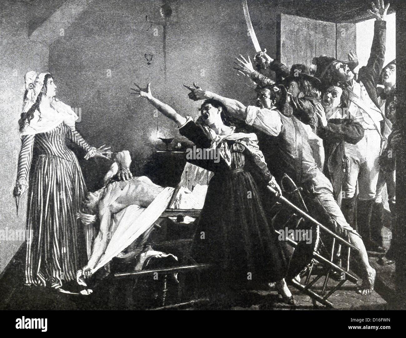 Charlotte Corday murders Jean-Paul Marat, the leader of the Jacobins, in 1793, in the bathtub. Stock Photo