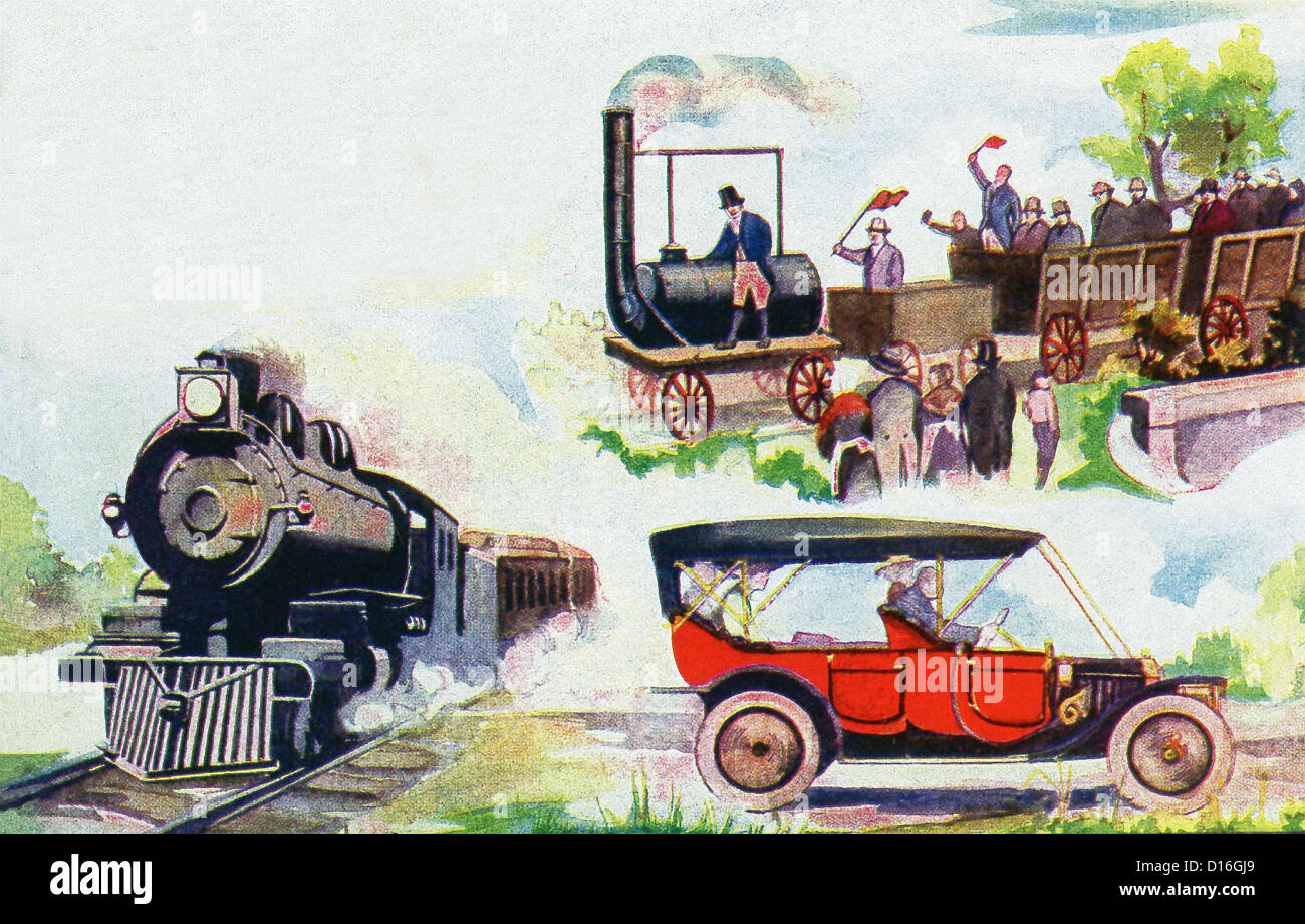 Land Transportation: Shown here are the First Railway train in England (1825), a modern railway train, an automobile. Stock Photo