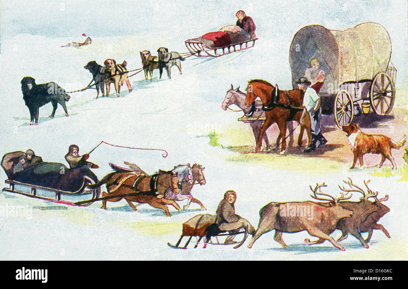 Land Transportation (from left to right, top to bottom): Eskimo Dog Team, Prairie Schooner, Russian Troika, and Reindeer Sledge. Stock Photo