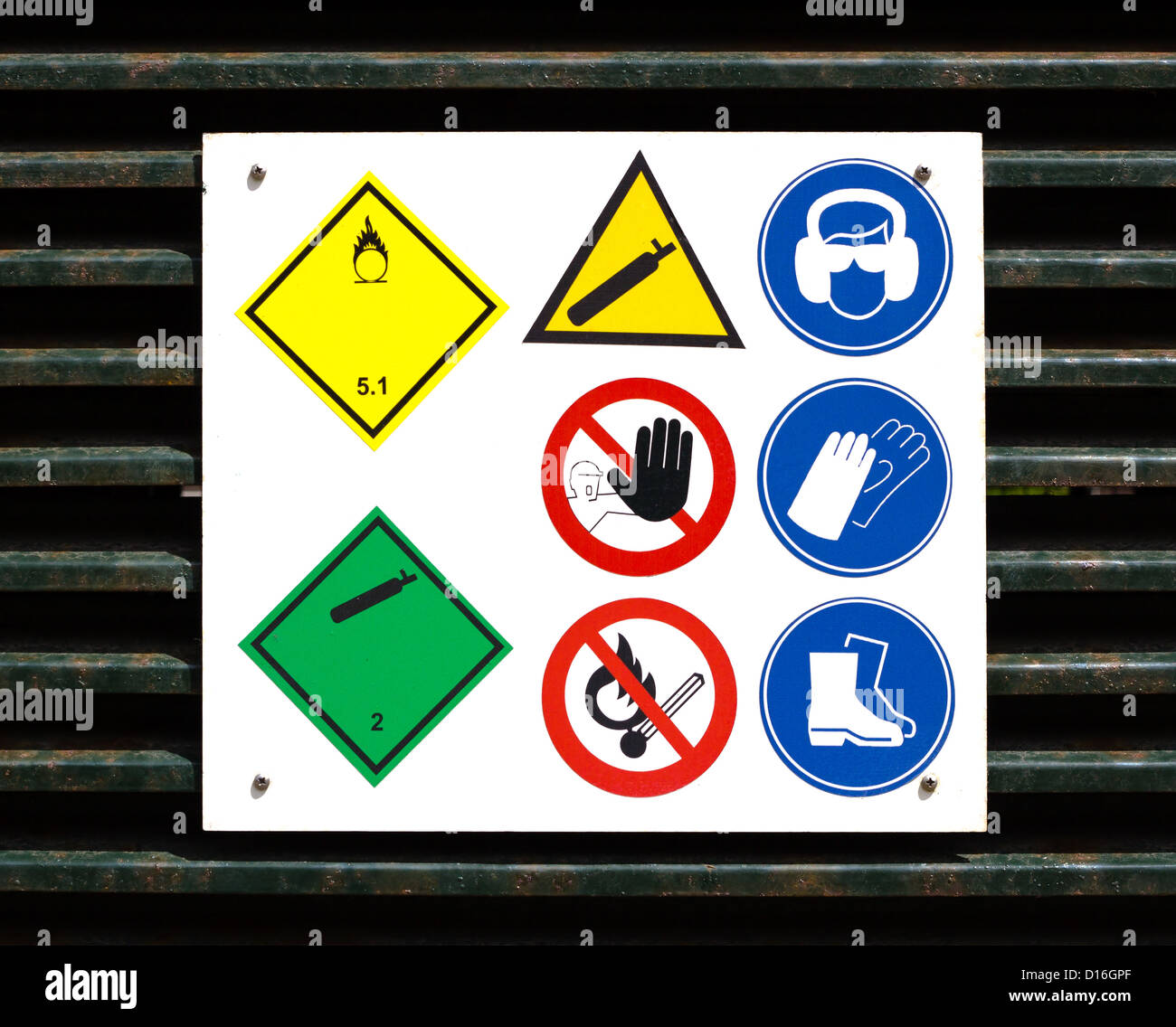 Danger and safety symbols on rusty door to gas storage. Stock Photo