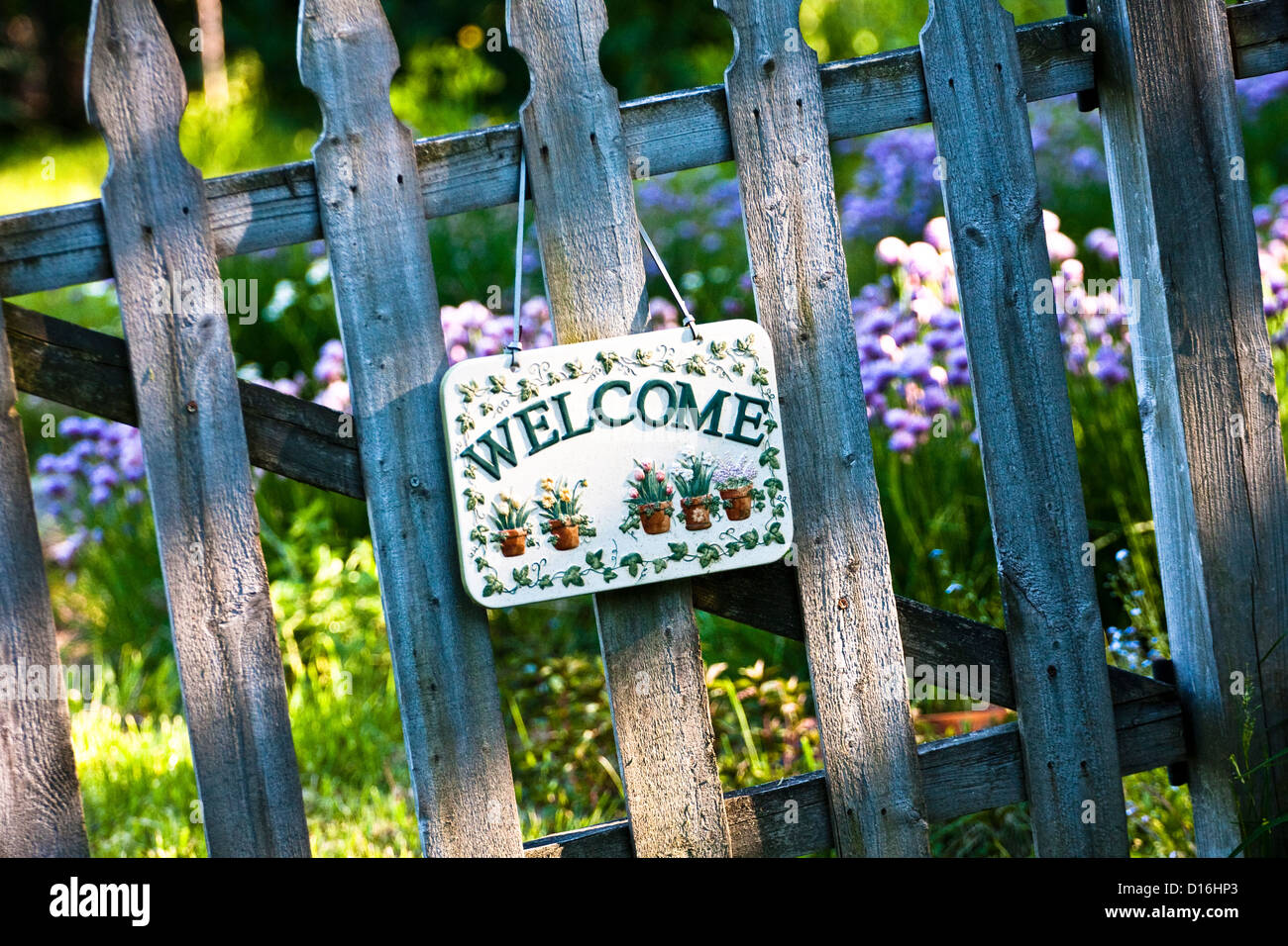 Welcome Sign on a Garden Gate Stock Photo