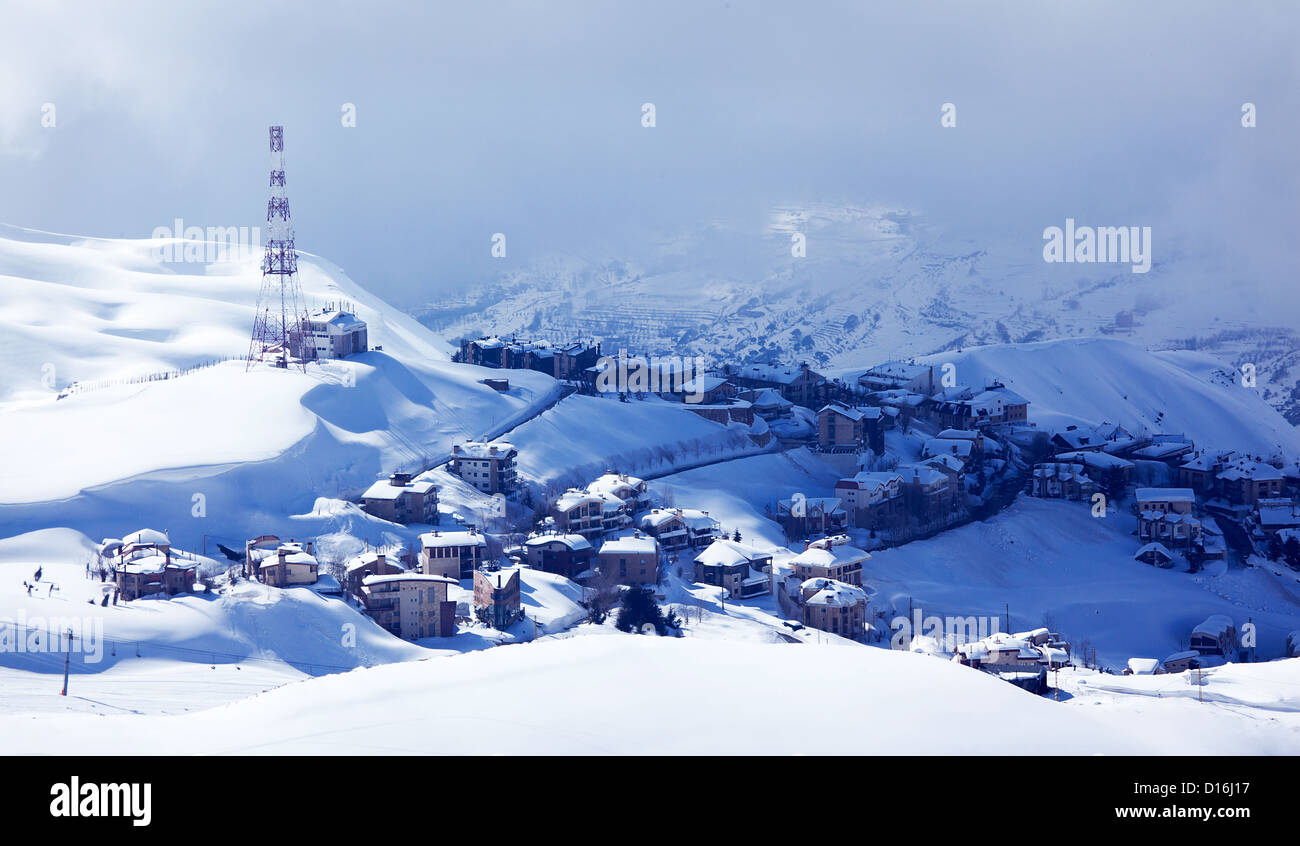Photo of luxury winter resort, Christmas and New Year holiday, countryside lodges covered with white snow, Faraya mountains Stock Photo