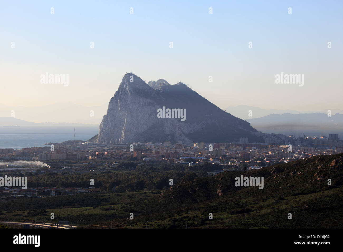 The Rock of Gibraltar and spanish town La Linea Stock Photo