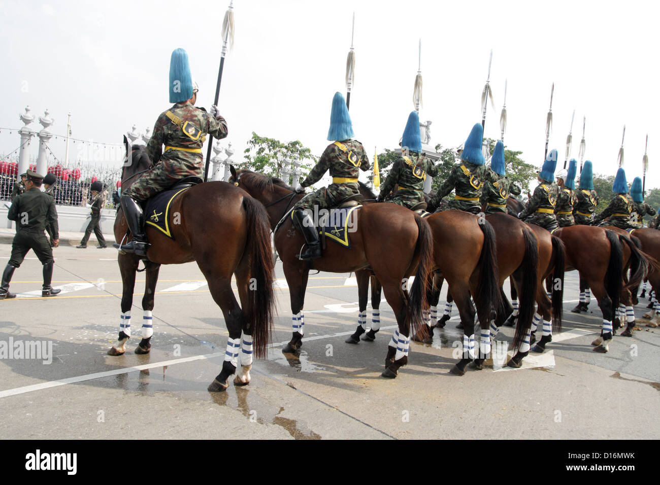 Horse-mounted Royal Guards line up ahead of an address by Thai King Bhumibol Adulyadej at the Anantasamakom Throne Hall Stock Photo