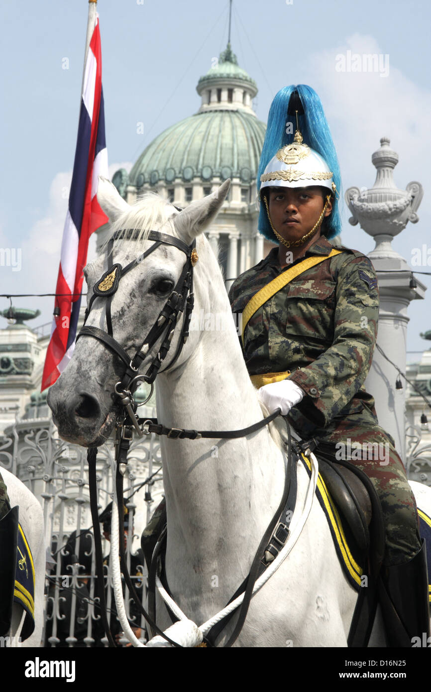 Horse-mounted Royal Guards line up ahead of an address by Thai King Bhumibol Adulyadej at the Anantasamakom Throne Hall Stock Photo