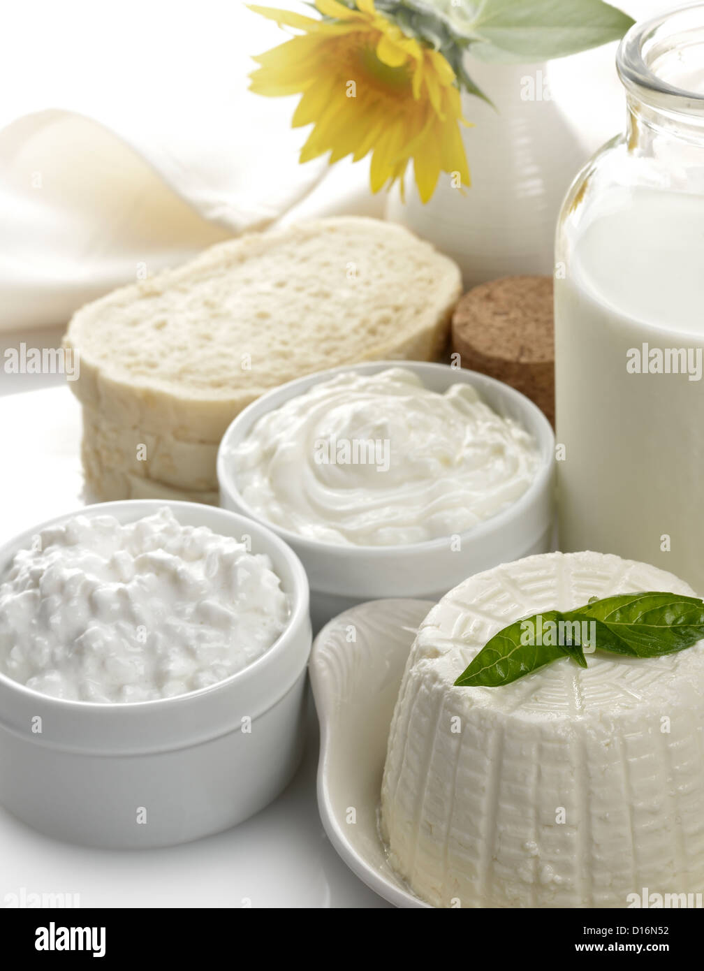 Dairy Products - Milk,Cheese,Sour Cream And Bread Stock Photo