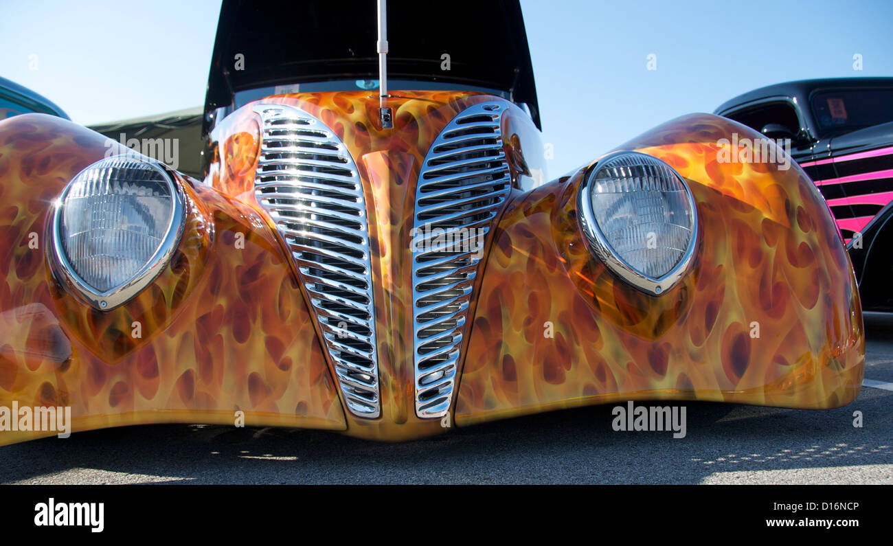 Slick fire paint job on classic car with headlights Stock Photo