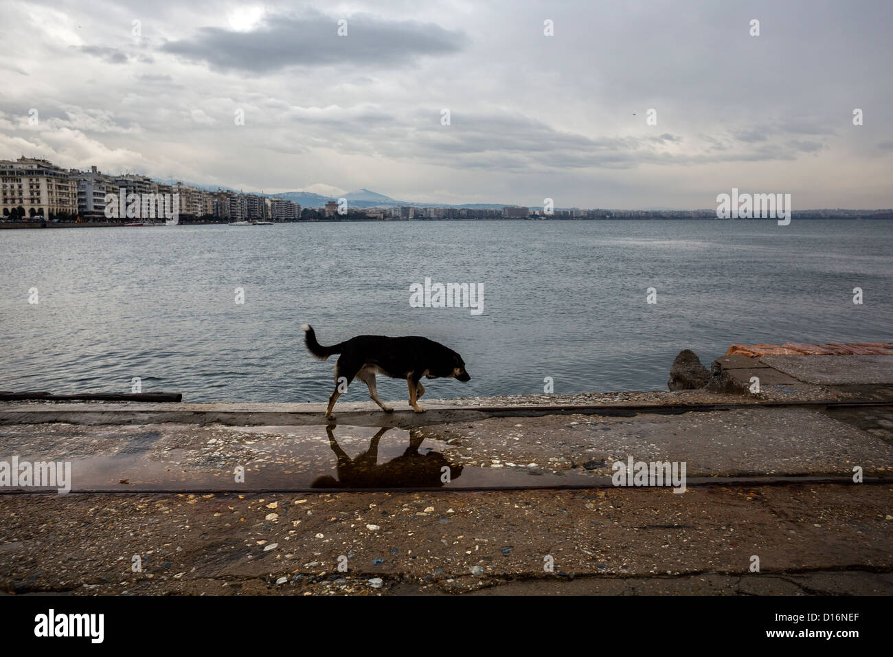 Winter seafront stroll in northern Greece port city of Thessaloniki. Stock Photo