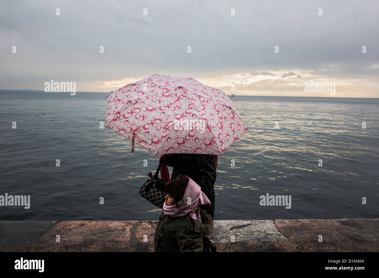 Winter seafront stroll in northern Greece city of Thessaloniki. Stock Photo