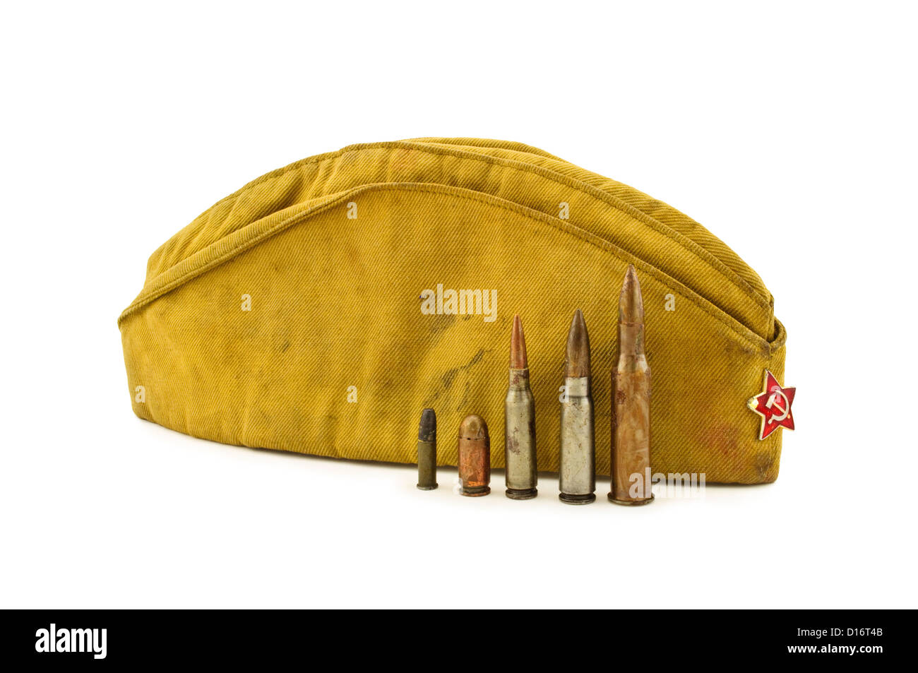 old military cap and ammunition on white background Stock Photo Alamy