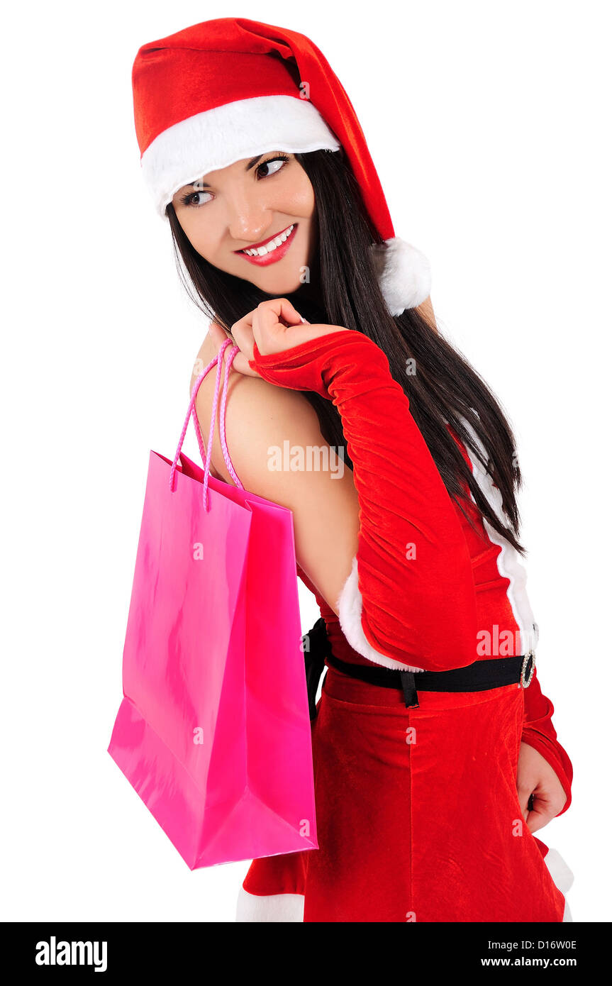 Isolated young christmas girl looking back Stock Photo - Alamy