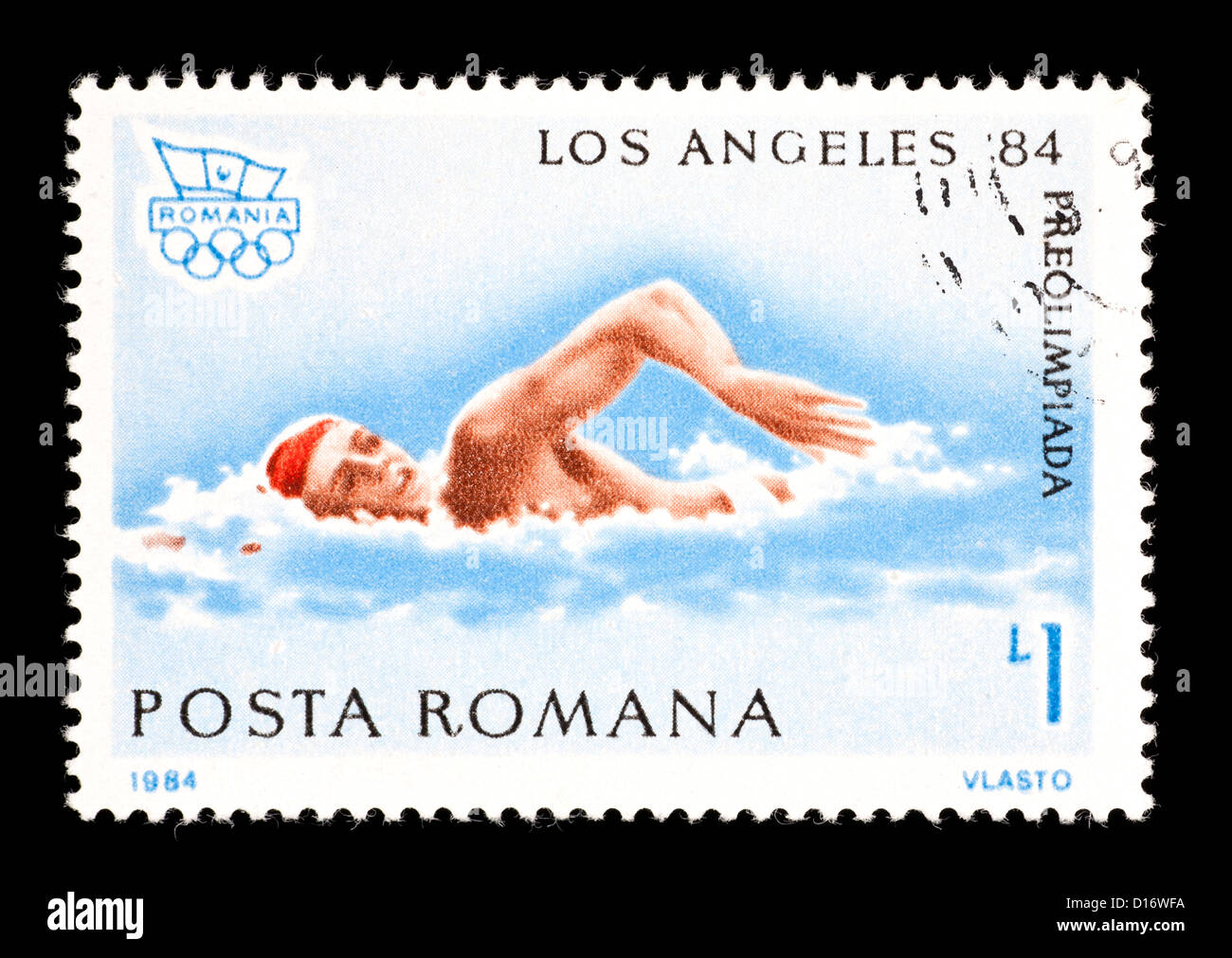 Postage stamp from Romania depicting a swimmer, issued for the 1984 SUmmer Olympic Games in Los Angeles. Stock Photo