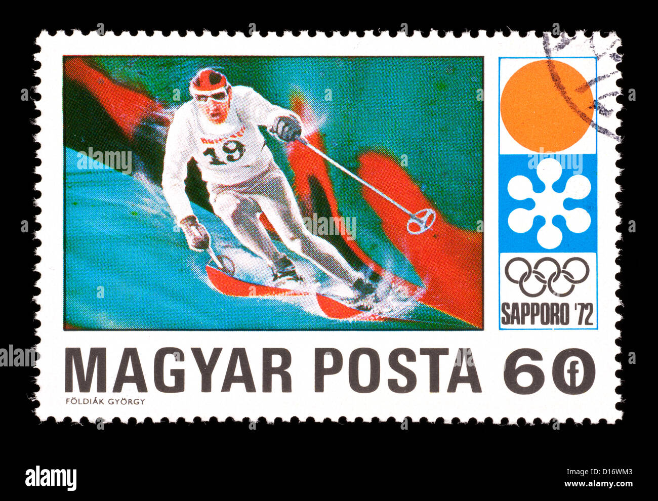 Postage stamp from Hungary depicting a downhill skier, issued for the
